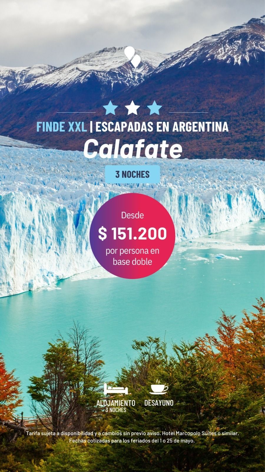 Travel poster for Calafate, Argentina, with snowy mountains, turquoise lake, and a pink price badge.