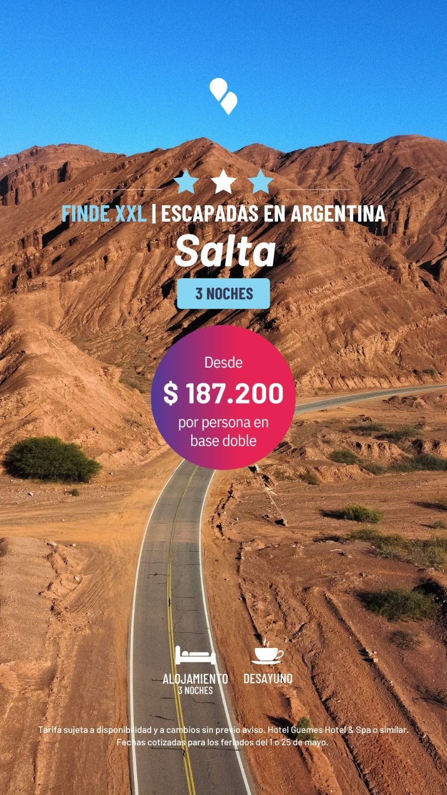 A winding road through red mountains in Salta, Argentina, with travel promotion text and price badge.