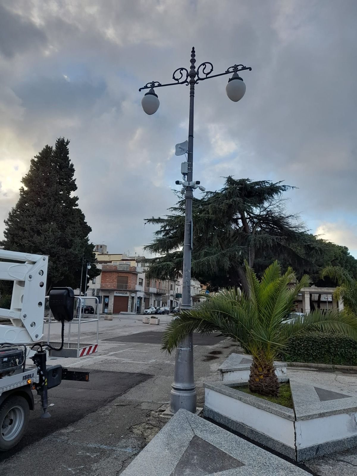 Un camion bianco è parcheggiato accanto a un lampione in un parco.