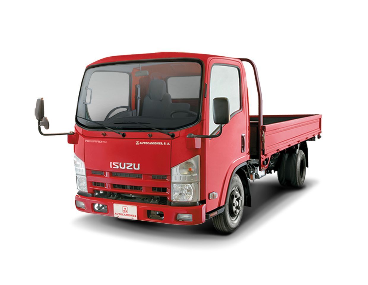 A red isuzu truck with a flat bed on a white background.