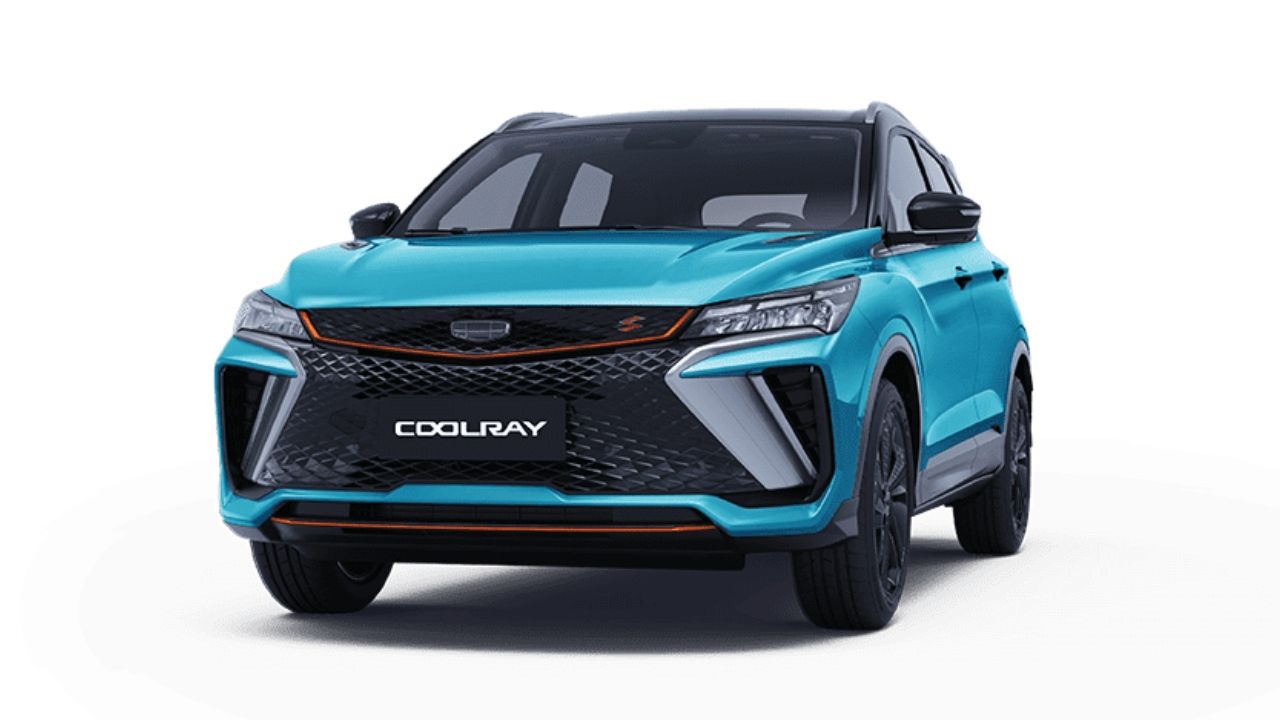 A blue car is sitting on a white surface.