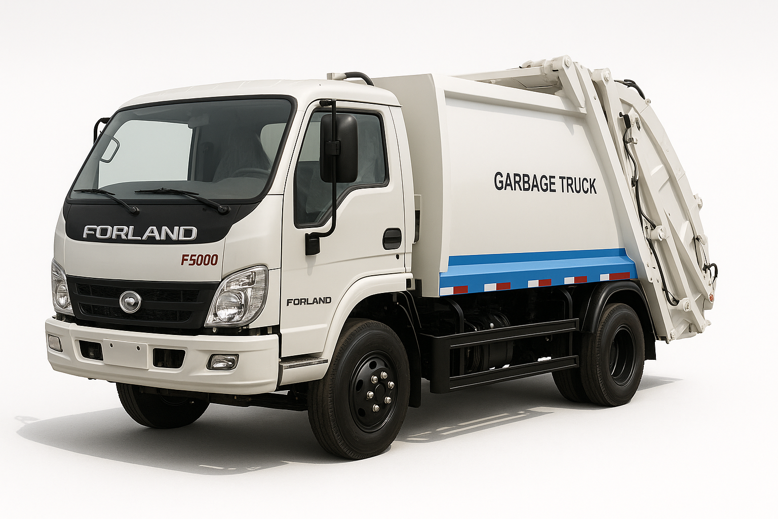 A white garbage truck is parked on a white surface.