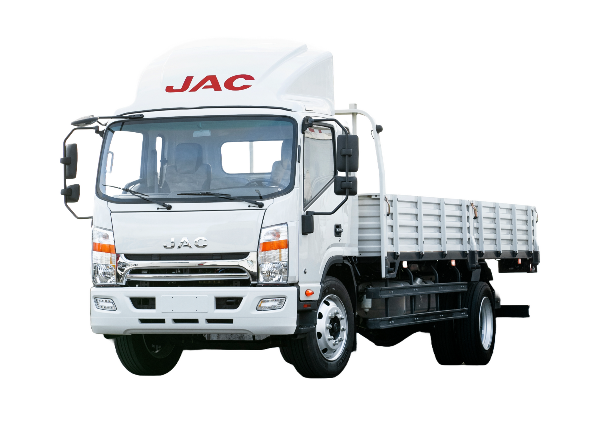 A white jac truck with a flat bed on a white background.