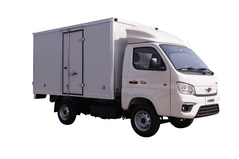 A white truck with a box on the back is on a white background.