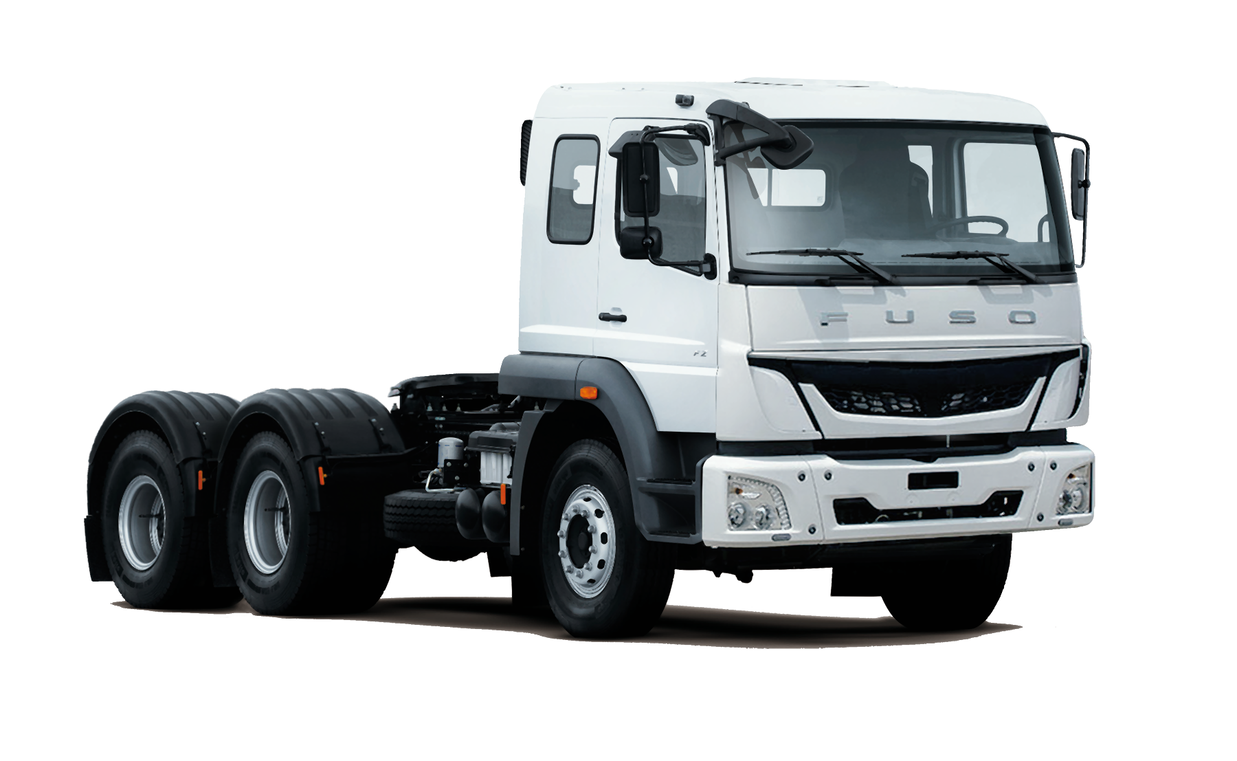 A white semi truck with black tires on a white background.