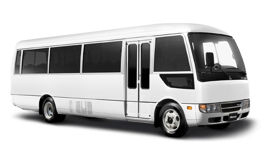 A white bus with black windows is on a white background.
