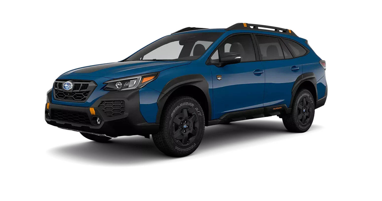 A blue subaru outback is shown on a white background.