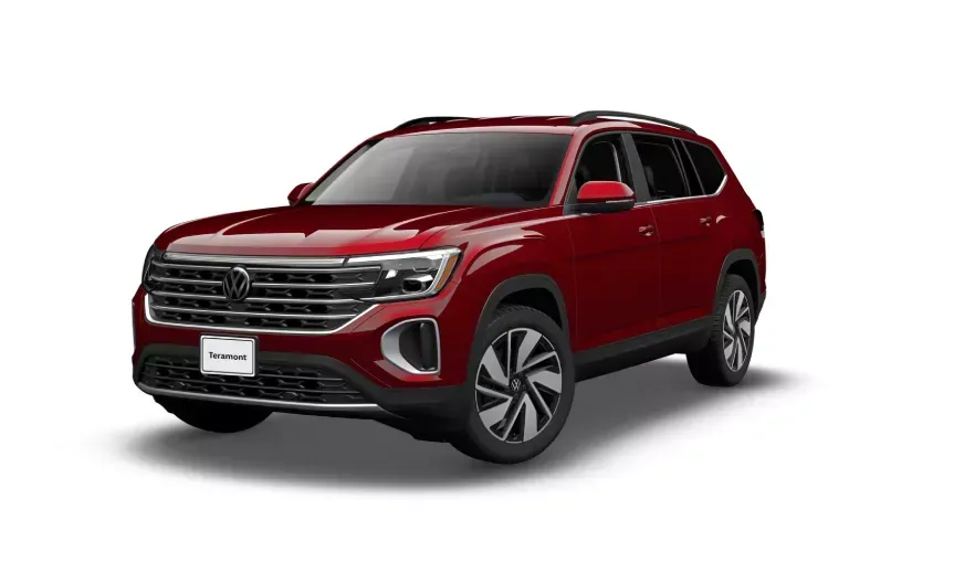 A red volkswagen atlas is shown on a white background.
