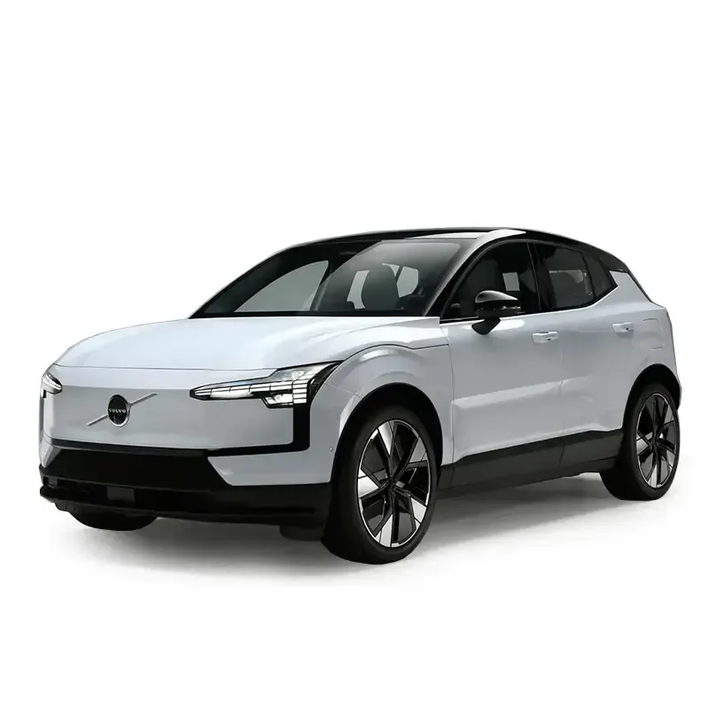 A white electric car with black trim on a white background.