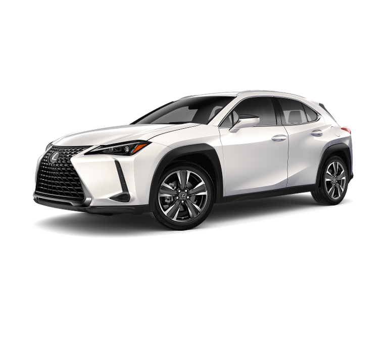 A white lexus ux is shown on a white background.