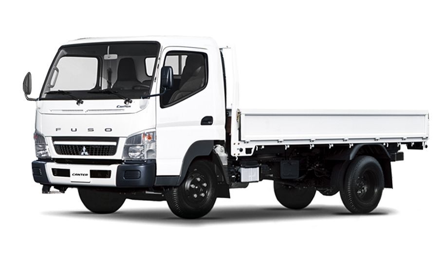 A white truck with a flat bed on a white background.