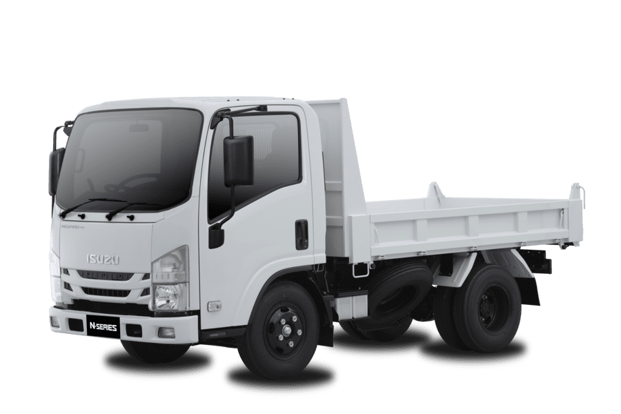 A white dump truck is parked on a white background.