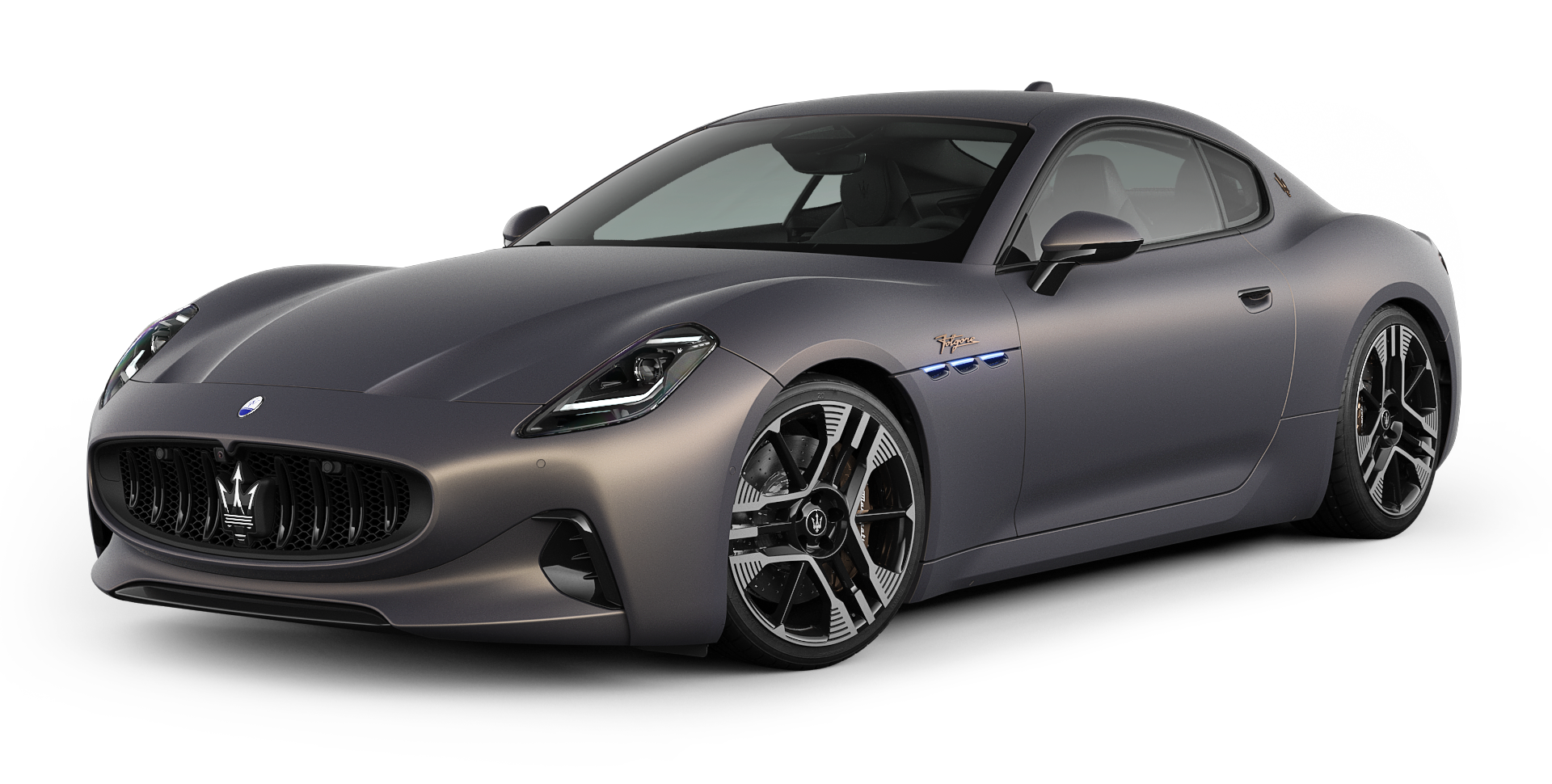 A gray maserati granturismo is shown on a white background.