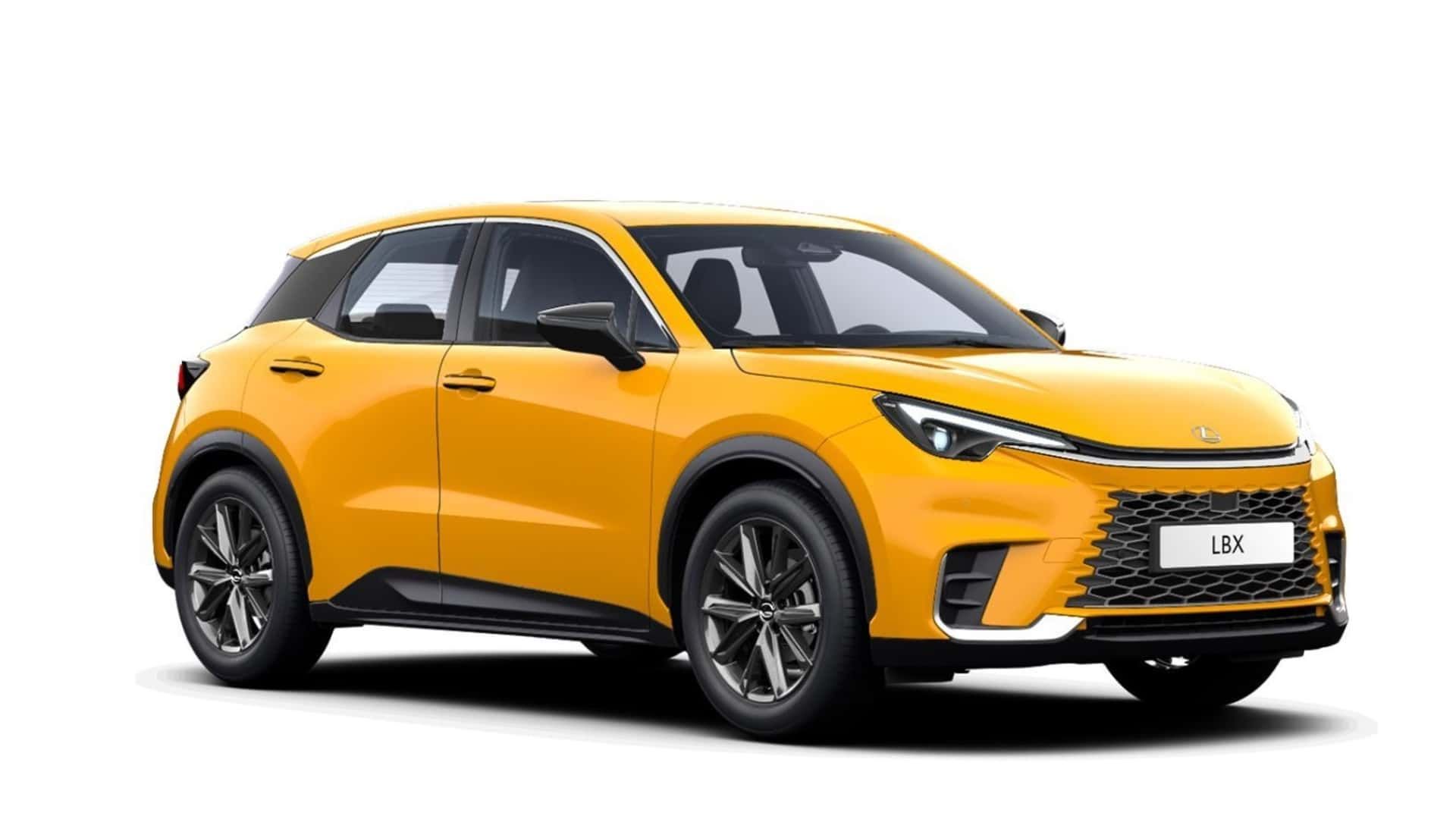 A yellow car is on a white background.