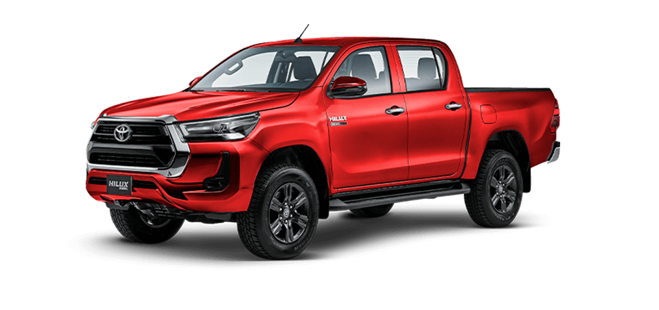 A red toyota hilux pickup truck is shown on a white background.