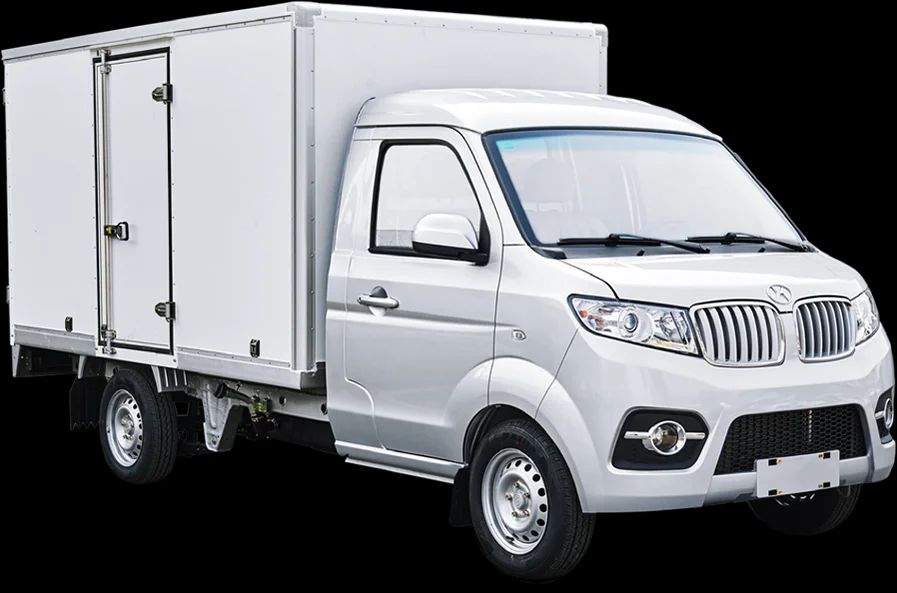 A white truck with a box on the back is on a black background.