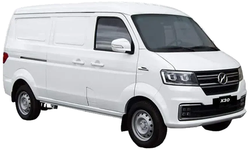 A white van is parked on a white background.