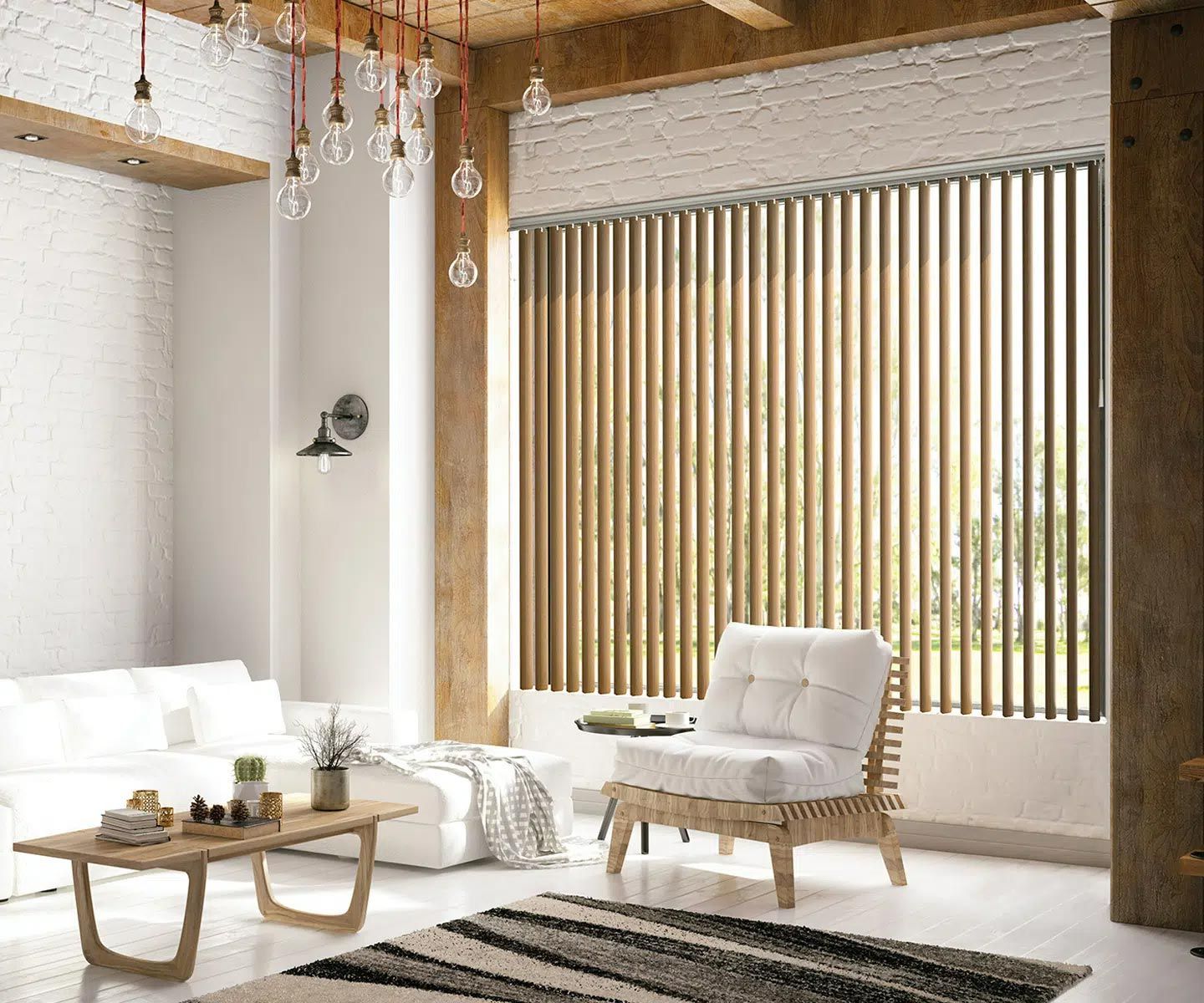 Living Room With Wooden Vertical Blinds