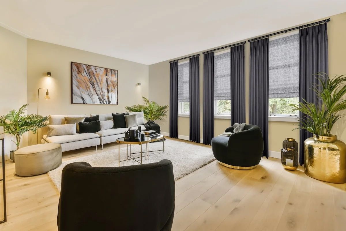 Living Room With Black Draperies