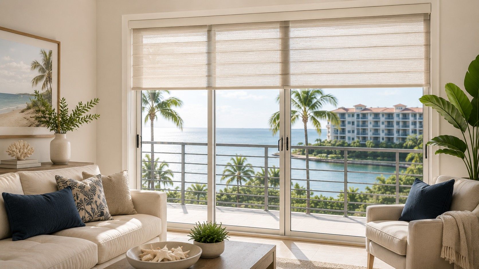 HOA approved window treatments installed in a Boynton Beach FL condo by Surfside Blinds — roller sha