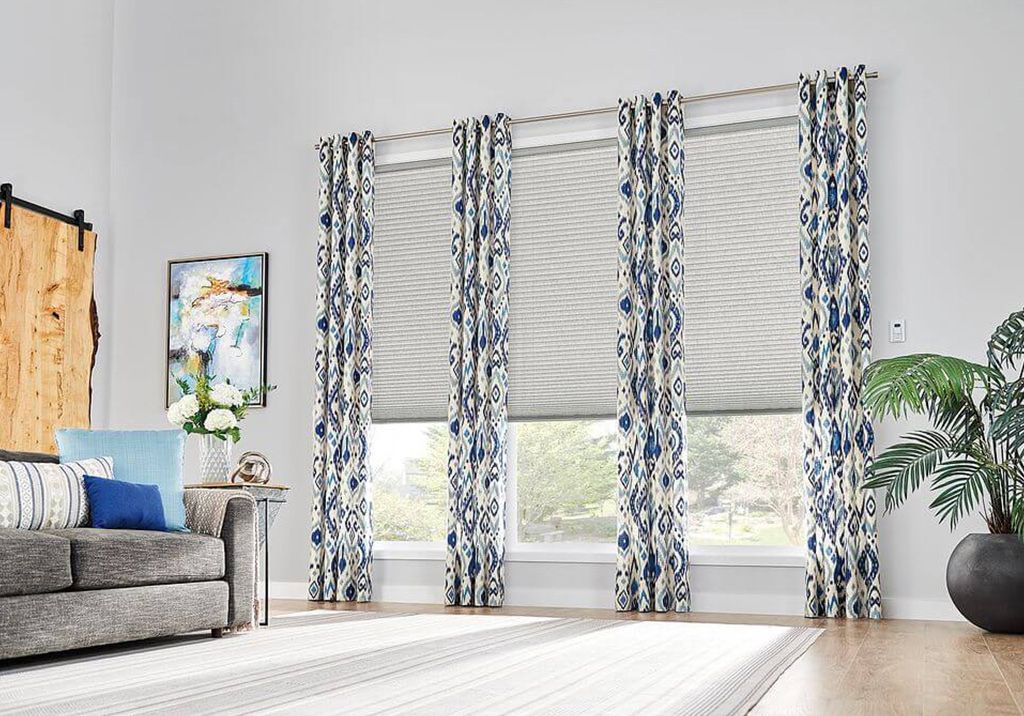 Living Room With Blinds & Drapes