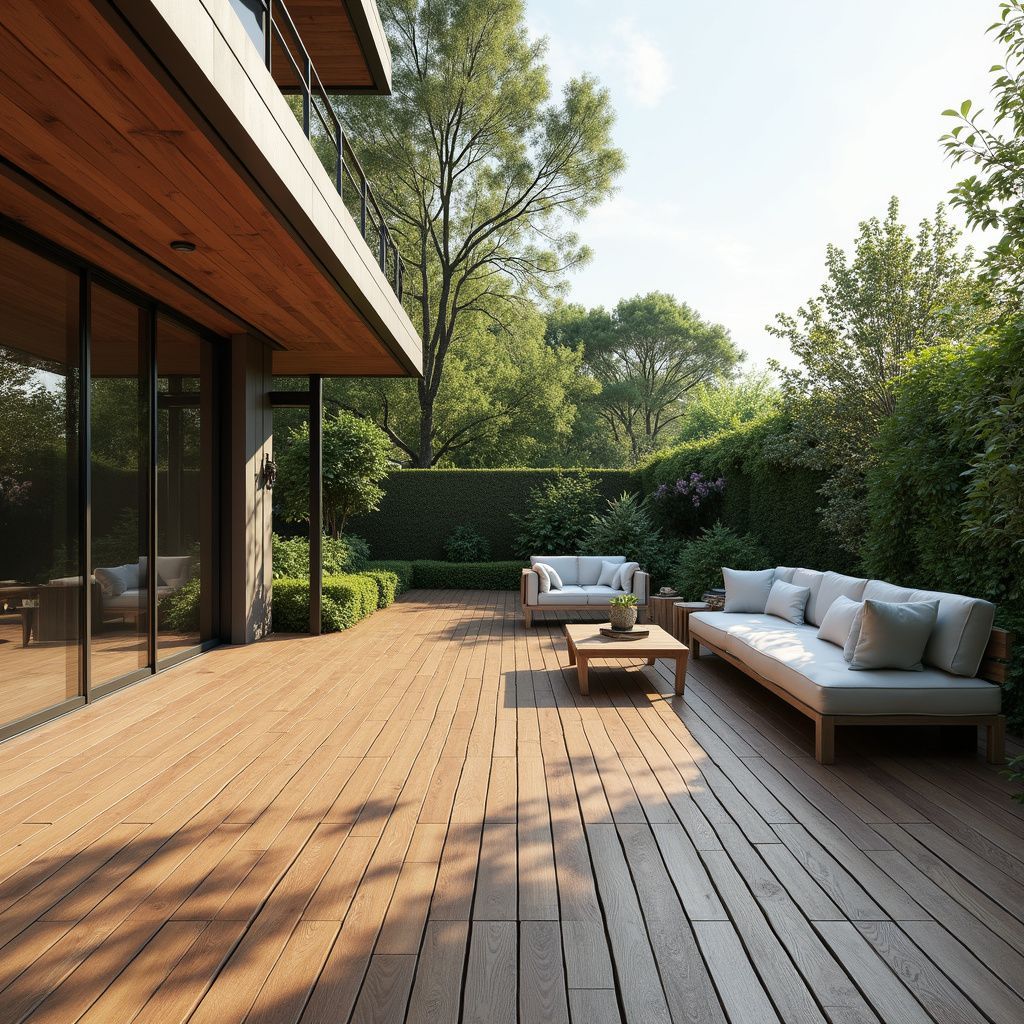 Wooden deck with outdoor furniture, lush greenery, and modern home exterior. Sunny day.