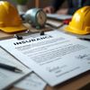 Insurance contract on a clipboard with yellow hard hats and a clock, possibly in a construction or business setting.