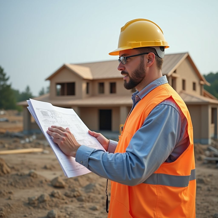 Construction worker examining blueprints at a building site; wearing a hard hat and safety vest.