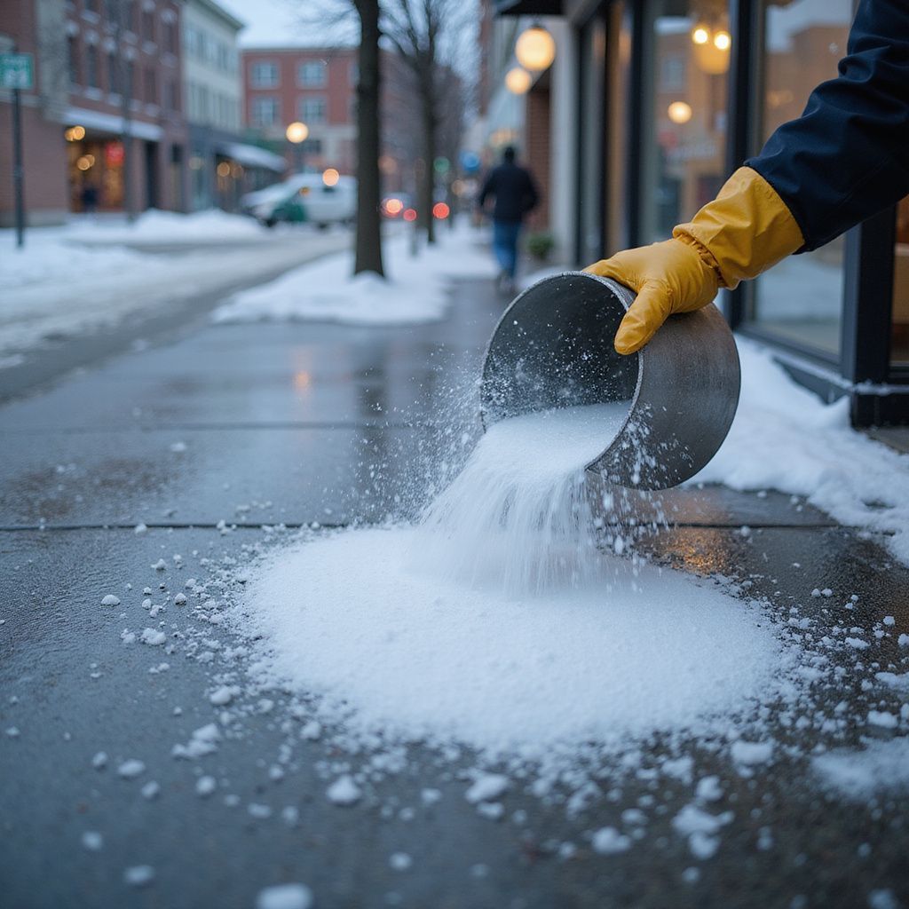 Person in yellow glove pouring salt on a snowy sidewalk. City street background.