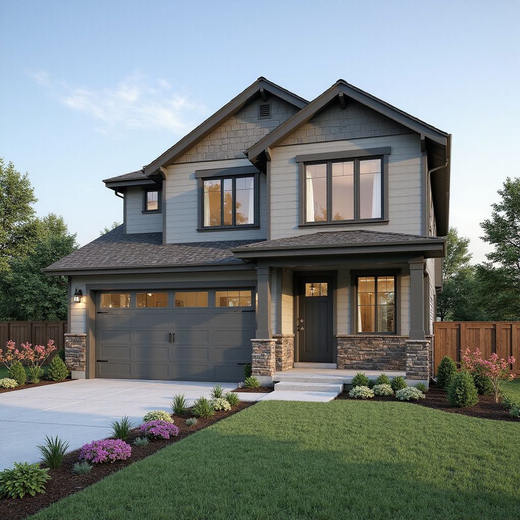 Two-story Craftsman home with gray siding, stone accents, and a front porch.