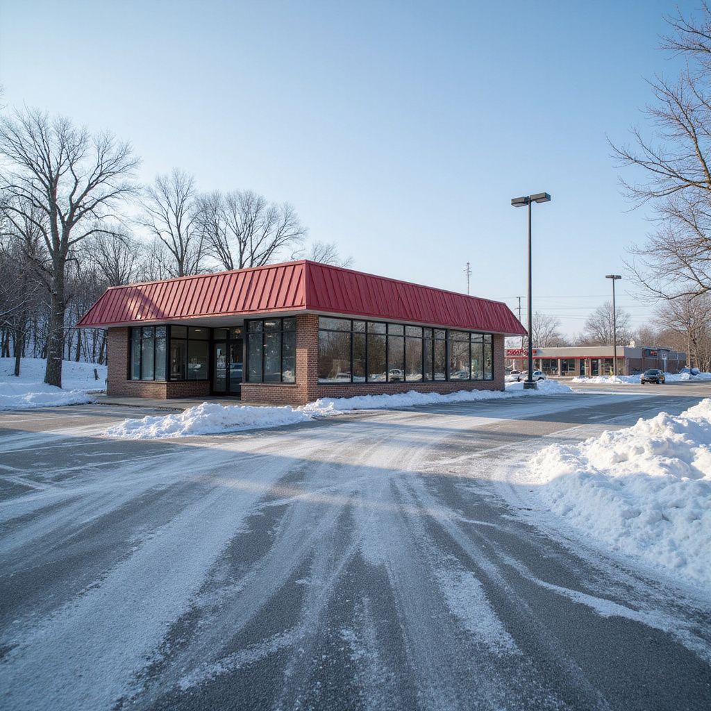 A brick building with a red roof is in a snow-covered parking lot on a sunny day.