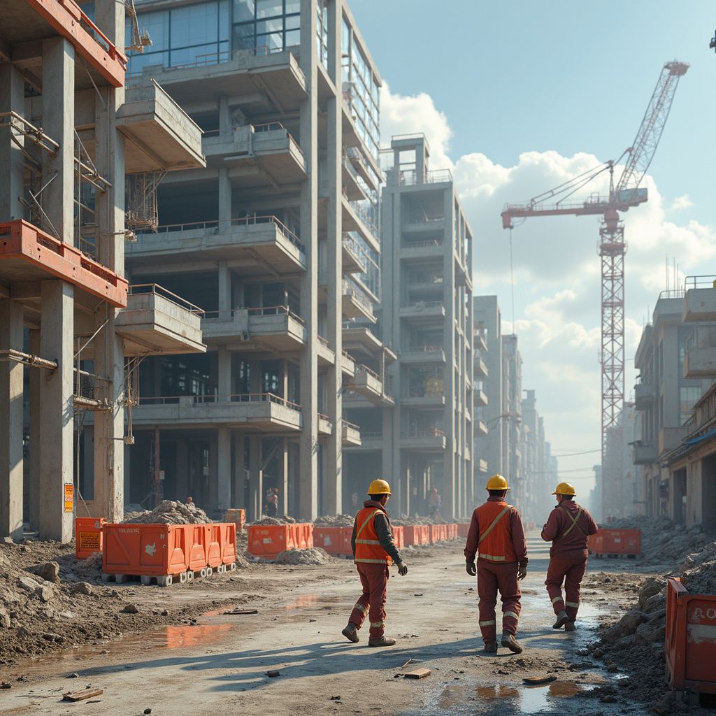 Construction workers walking on a dirt road in a construction zone filled with tall, unfinished buildings and a crane.