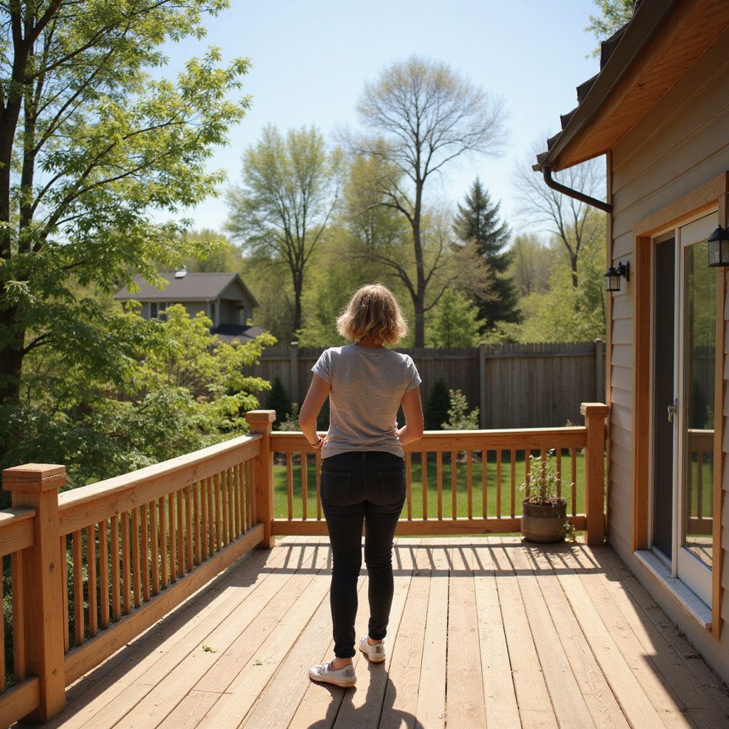Woman on wooden deck, facing away, looking at backyard with trees and a fence. Sunny day.