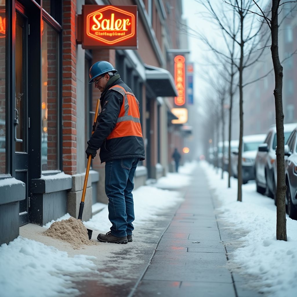 Worker shovels sand on a snowy sidewalk in front of a restaurant. Winter scene, building in background.