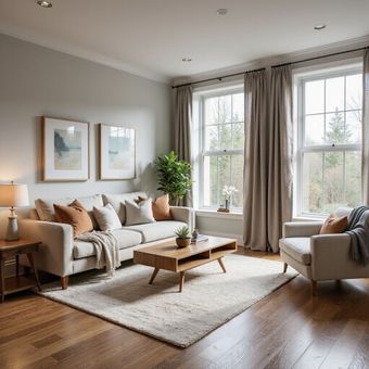 Cozy living room with beige sofa, arm chair, wooden floor, rug, and windows with neutral curtains.