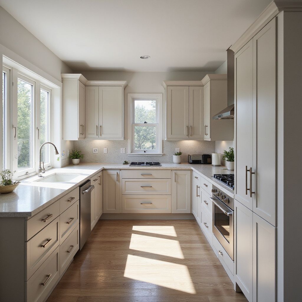 Bright, modern U-shaped kitchen with white cabinets, light wood floors, and large windows.