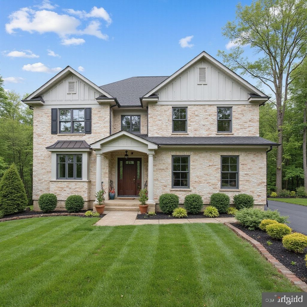 Two-story brick house with a lawn, black shutters, and a dark front door.