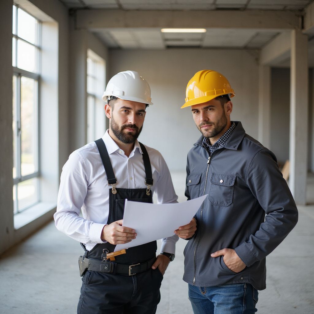 Two construction workers reviewing blueprints in a building. One wears white helmet, overalls