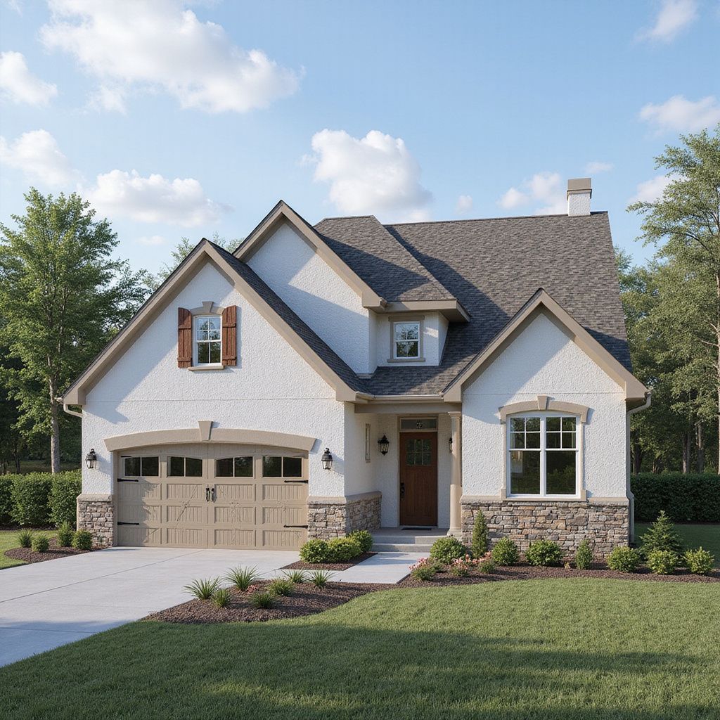 Exterior of a light-colored house with a brown roof and garage door, set in a green yard.