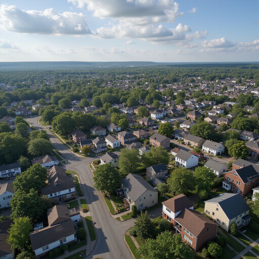 Aerial view of a suburban neighborhood with houses, trees, and roads under a blue sky.