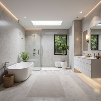 Modern, minimalist bathroom with a freestanding tub, shower, and vanity. Gray walls, large window with a view.