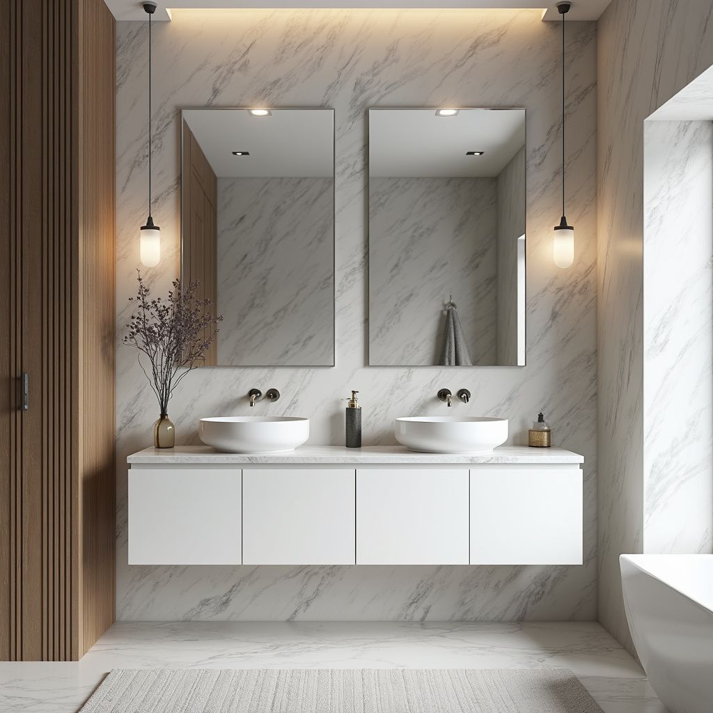 Modern bathroom with marble walls, white floating vanity, two sinks, mirrors, and pendant lights.