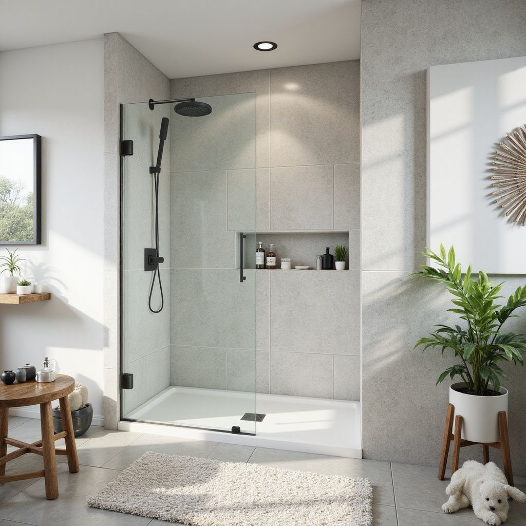 Modern bathroom with glass shower, black fixtures, neutral tones, and potted plants.