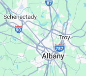 Map of Albany, Schenectady, and Troy, New York, with highways and city labels.