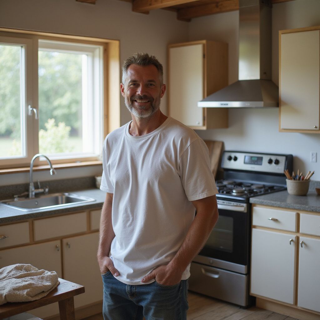 Man in white t-shirt, jeans, smiling in kitchen with window, stove, and cabinets.