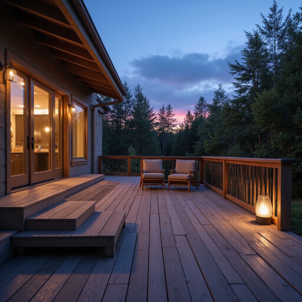 Deck with chairs and lantern at dusk, overlooking a forest.