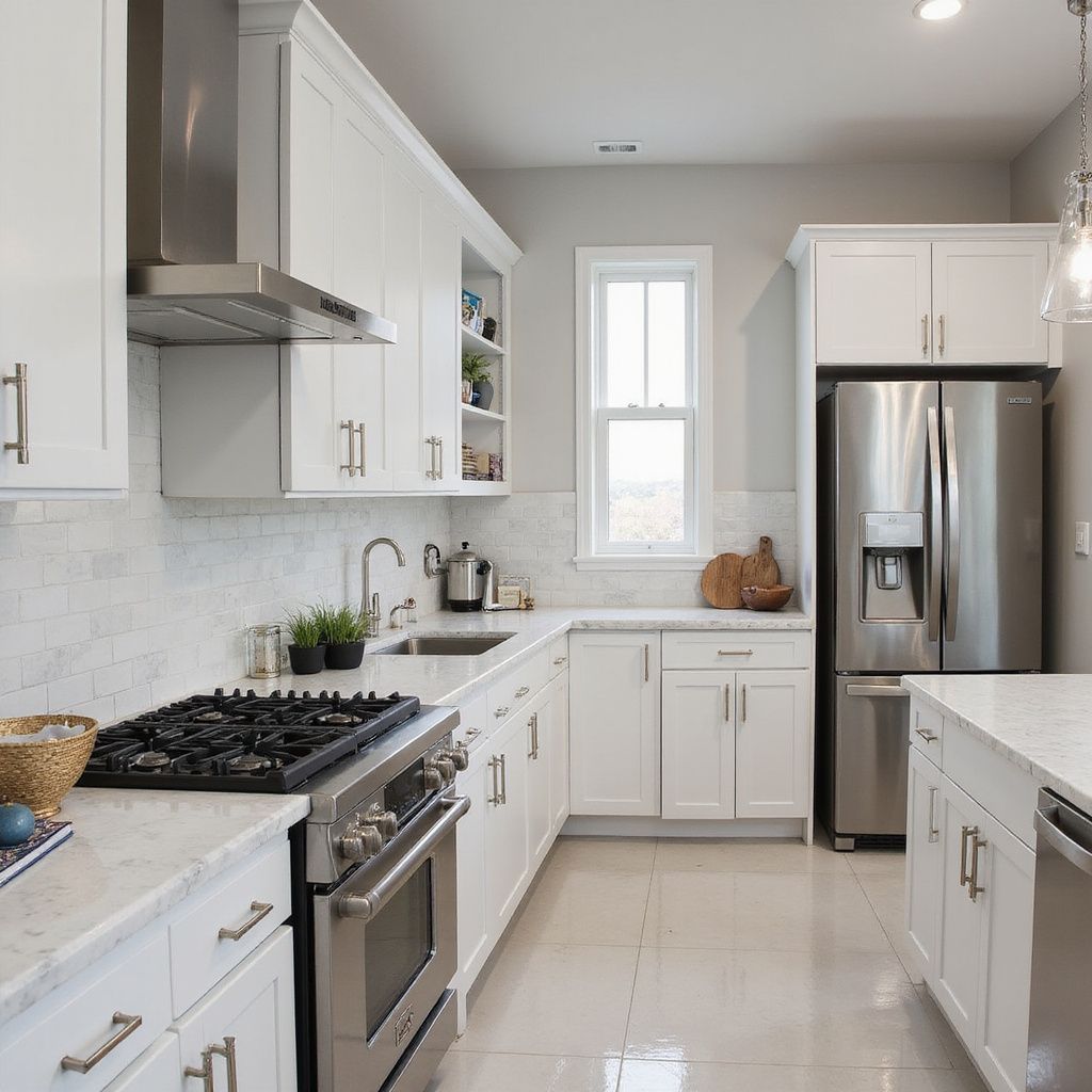 White kitchen with stainless steel appliances and marble countertops.