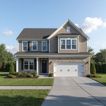 Two-story house with light tan siding, stone accents, and a two-car garage under a blue sky.