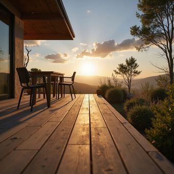 Wooden deck with table and chairs, overlooking a sunset over mountains.