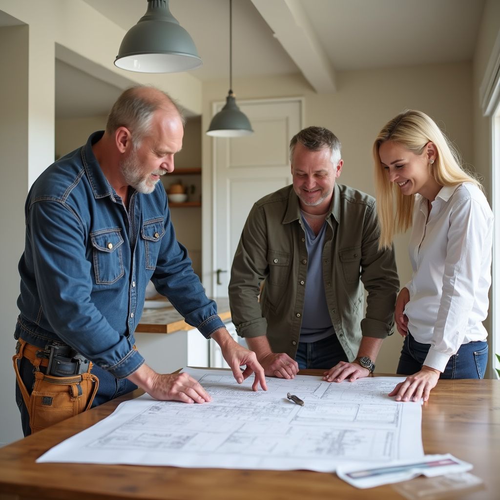 A contractor showing blueprints to a smiling couple in a kitchen.